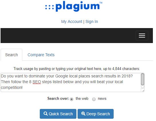 Чтобы проиллюстрировать пример, я скопирую и вставлю начальный абзац нашего   Google Places SEO 2018   статью, и вы можете увидеть на изображении ниже, как Plagium обнаруживает это