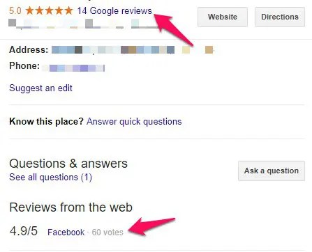 Поскольку Google начал объединять несколько популярных сайтов отзывов и отображать результаты в своих списках компаний Google (на фото справа), он, безусловно, стоит потраченных усилий не только на получение отзывов Google, но и обзоров Facebook и отзывов клиентов от Yelp