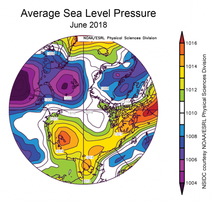 Рисунок 7: Среднее давление на уровне моря за июнь 2018 года