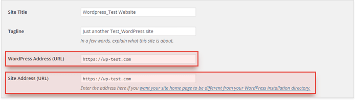 В полях Адрес WordPress (URL) и Адрес сайта (URL) введите URL домашней страницы вашего сайта с https