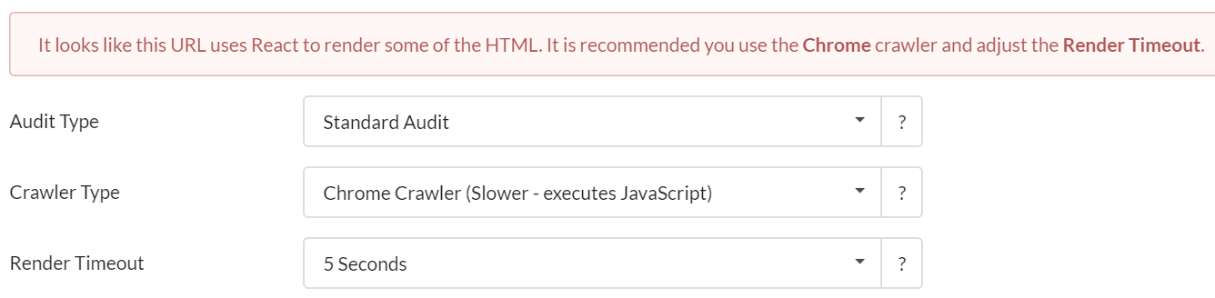 W niektórych przypadkach usługa Sitebulb wykryje, że witryna korzysta ze struktury JavaScript, i ostrzeże Cię, aby skorzystać z robota indeksującego Chrome (i wcześniej go wybierze, tak jak na poniższym obrazku)