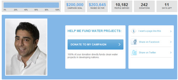 У середині 2010 року веб-майстер на ім'я Шак подзвонив своїм друзям і зібрав $ 200,000 на благодійну воду, створивши кампанію на безкоштовних інструментах на своєму сайті