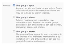 Обмеження в доступі   Одна з переваг груп над сторінками - це можливість регулювати потік учасників, тобто доступ до цієї групи