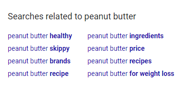В нижней части этой страницы результатов поиска Google на самом деле предоставляет некоторые надежные подсказки о том, что люди действительно ищут, когда ищут арахисовое масло: