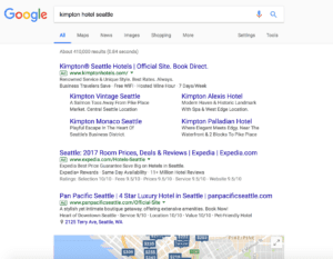 Структура похожа, хотя и немного отличается, для фирменных поисковых запросов, как мы видим для «kimpton hotel seattle»: